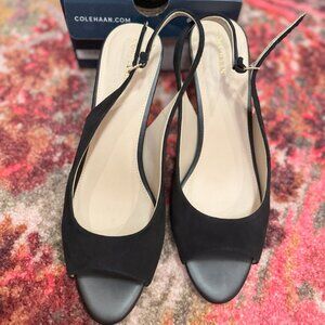 ♡ COLE HAAN Maya Slingback Pumps Black Suede Leather Open Toe ♡